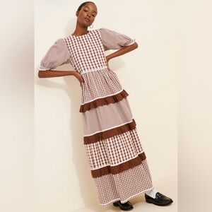 Neon Rose Gingham Tiered Puff Sleeve Maxi Dress Size 3X